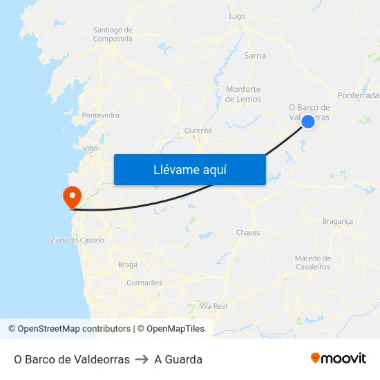 O Barco de Valdeorras to A Guarda map