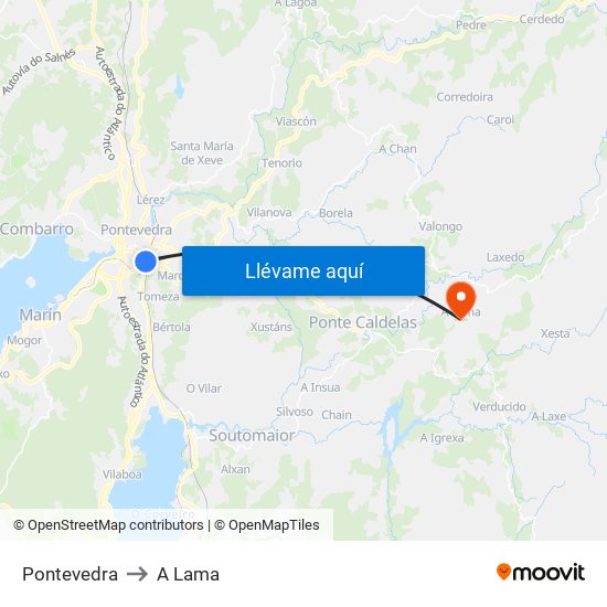 Pontevedra to A Lama map