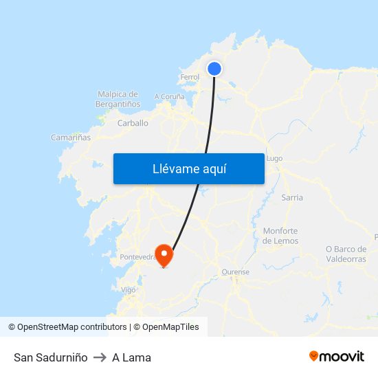 San Sadurniño to A Lama map