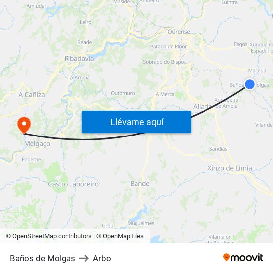 Baños de Molgas to Arbo map