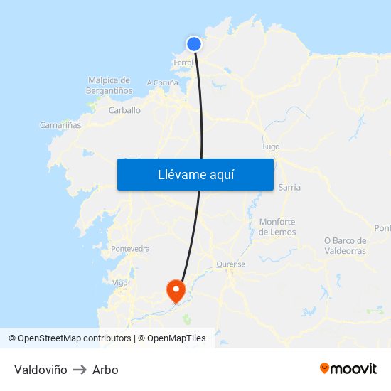 Valdoviño to Arbo map