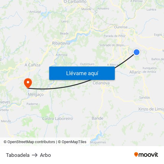 Taboadela to Arbo map