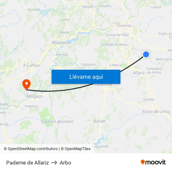 Paderne de Allariz to Arbo map