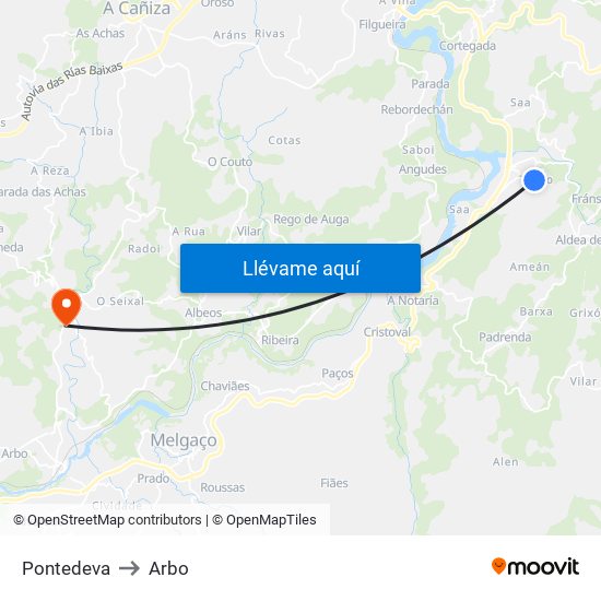 Pontedeva to Arbo map