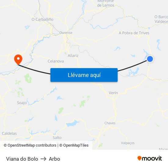 Viana do Bolo to Arbo map