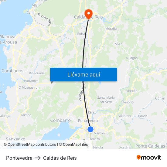 Pontevedra to Caldas de Reis map