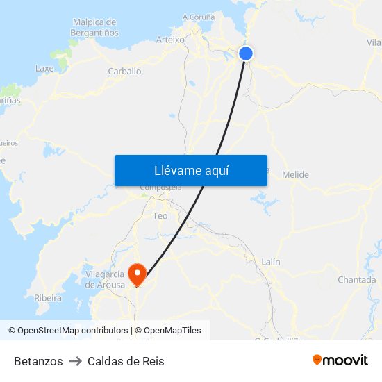 Betanzos to Caldas de Reis map