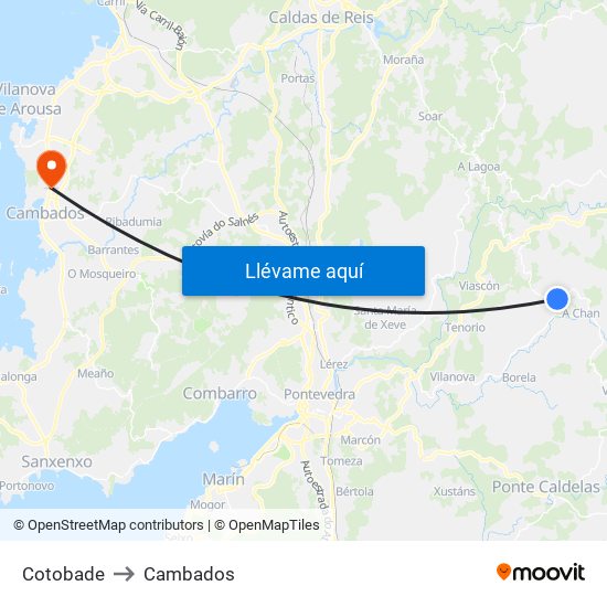 Cotobade to Cambados map