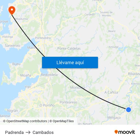 Padrenda to Cambados map