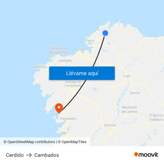 Cerdido to Cambados map