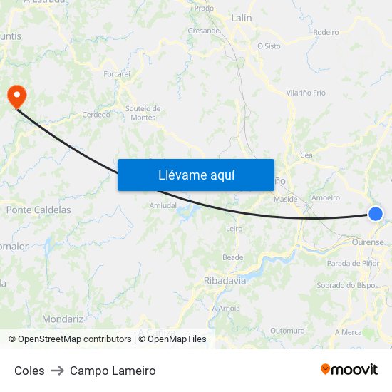 Coles to Campo Lameiro map
