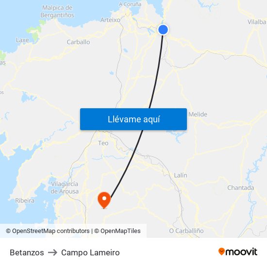 Betanzos to Campo Lameiro map