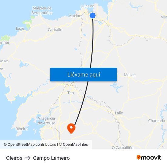 Oleiros to Campo Lameiro map