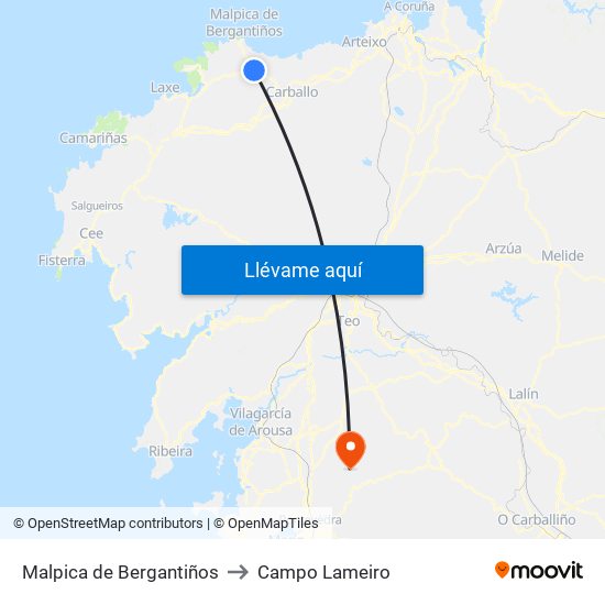 Malpica de Bergantiños to Campo Lameiro map
