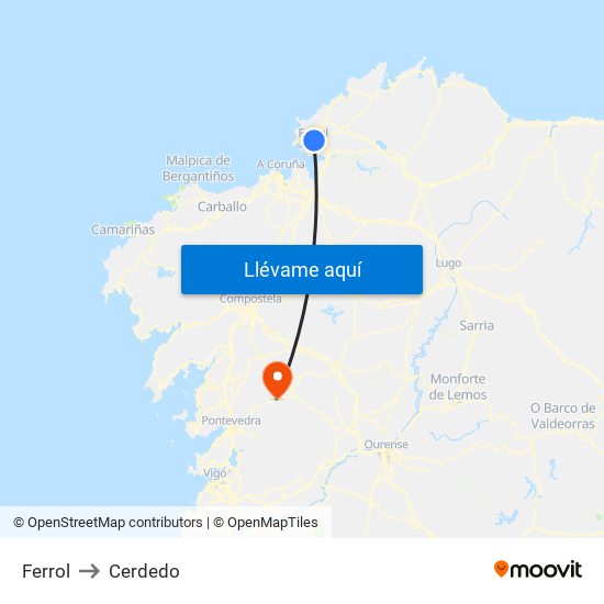 Ferrol to Cerdedo map