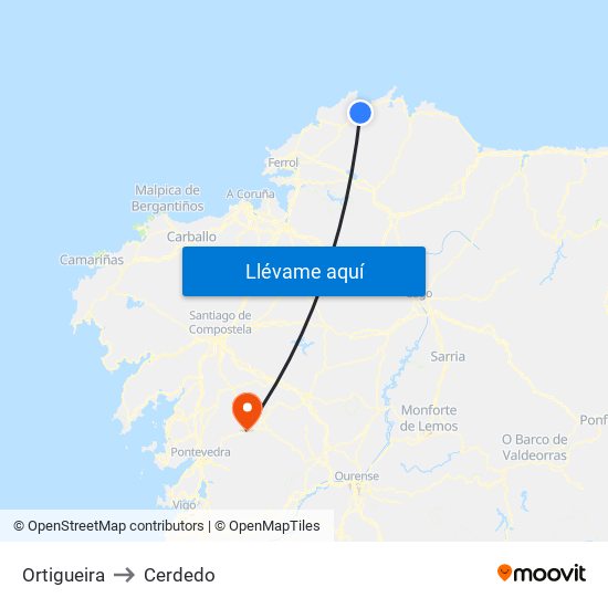Ortigueira to Cerdedo map