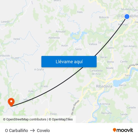 O Carballiño to Covelo map