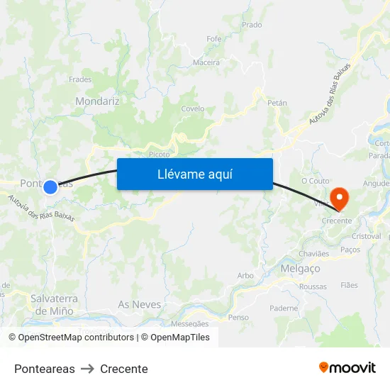 Ponteareas to Crecente map