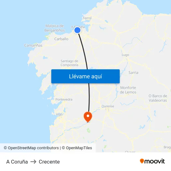 A Coruña to Crecente map