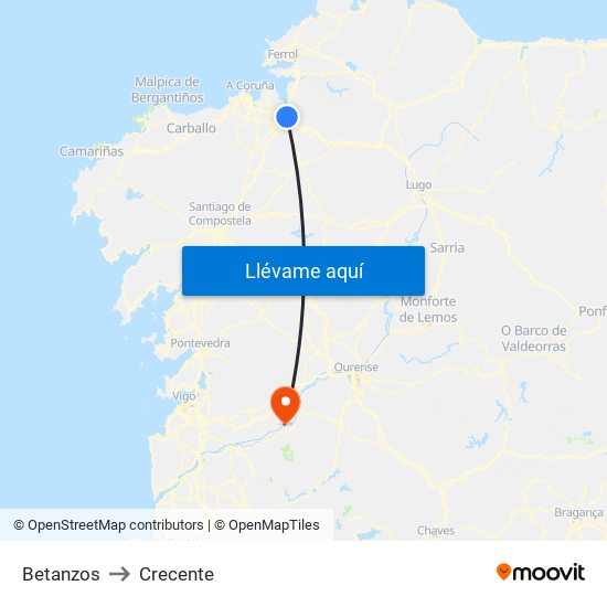 Betanzos to Crecente map