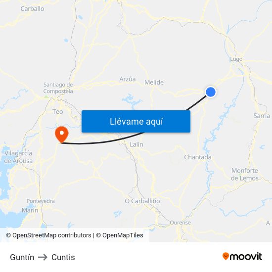 Guntín to Cuntis map