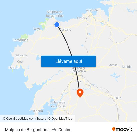 Malpica de Bergantiños to Cuntis map