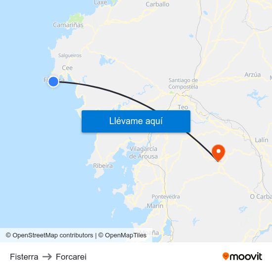 Fisterra to Forcarei map