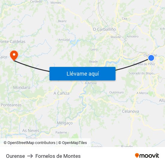 Ourense to Fornelos de Montes map