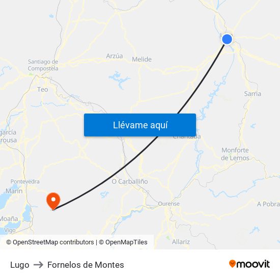 Lugo to Fornelos de Montes map