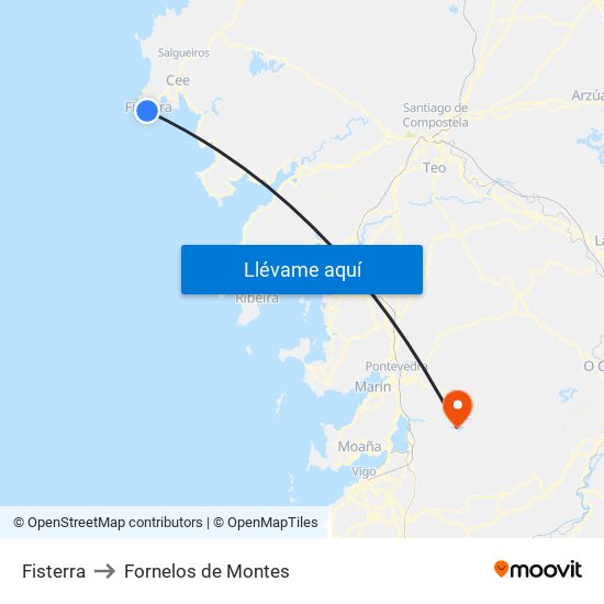 Fisterra to Fornelos de Montes map