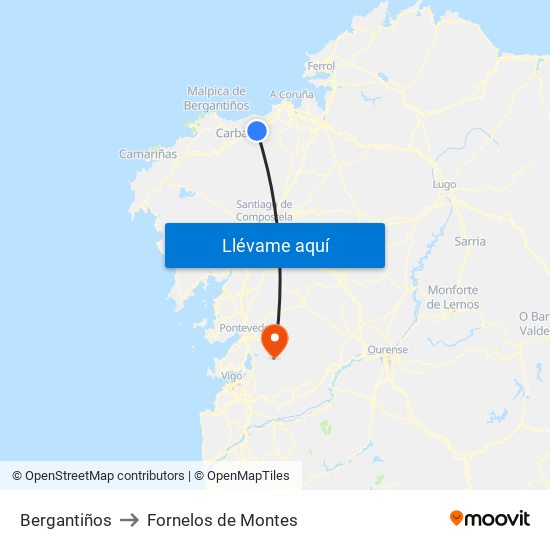 Bergantiños to Fornelos de Montes map