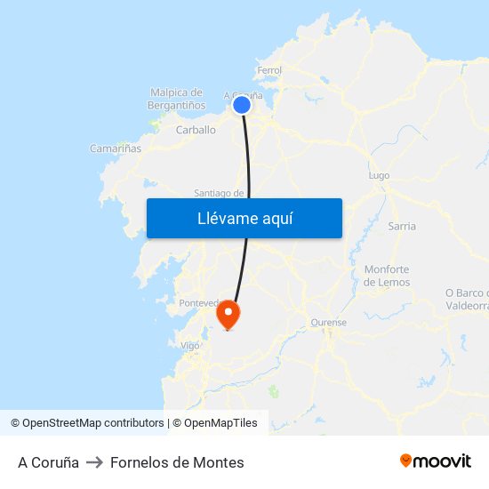 A Coruña to Fornelos de Montes map