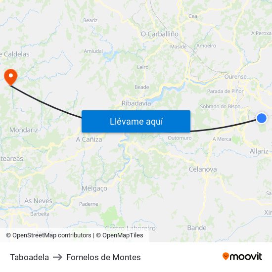 Taboadela to Fornelos de Montes map
