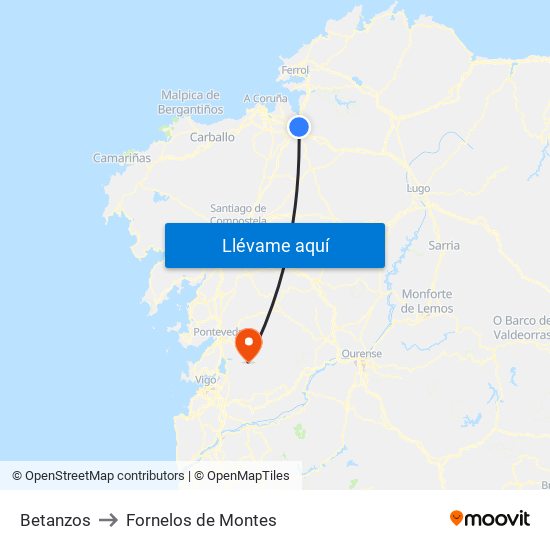 Betanzos to Fornelos de Montes map