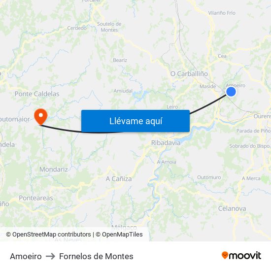 Amoeiro to Fornelos de Montes map
