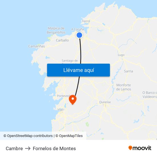 Cambre to Fornelos de Montes map