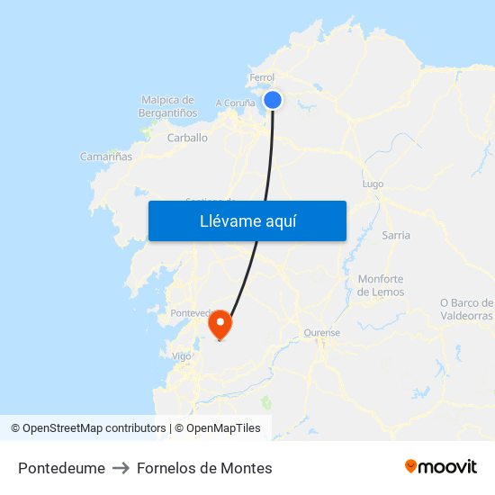 Pontedeume to Fornelos de Montes map