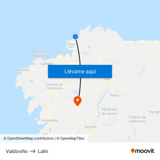 Valdoviño to Lalín map