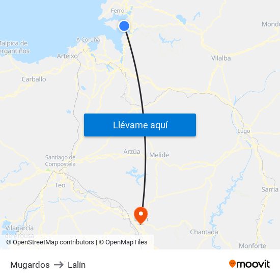 Mugardos to Lalín map