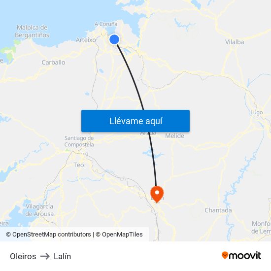 Oleiros to Lalín map