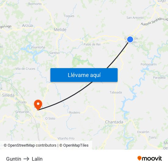Guntín to Lalín map