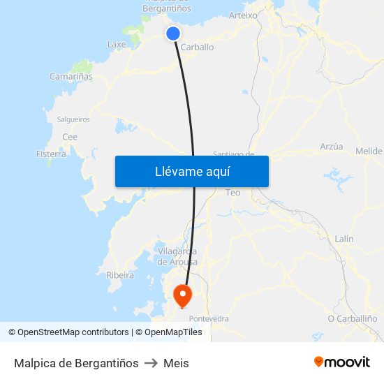 Malpica de Bergantiños to Meis map
