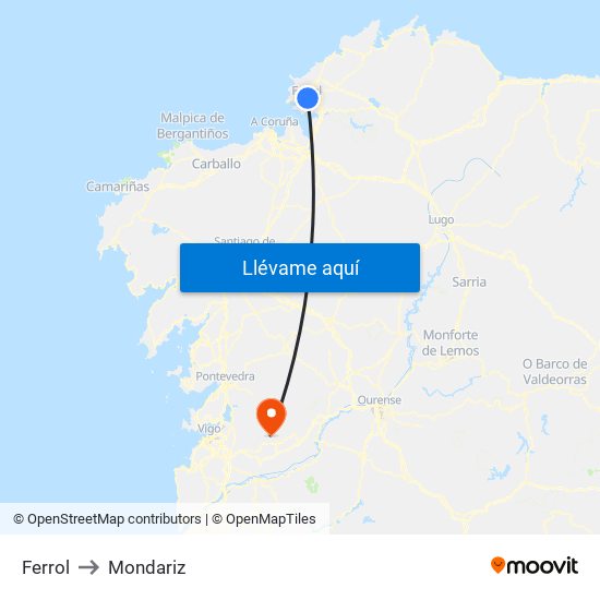 Ferrol to Mondariz map