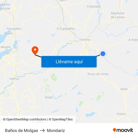 Baños de Molgas to Mondariz map
