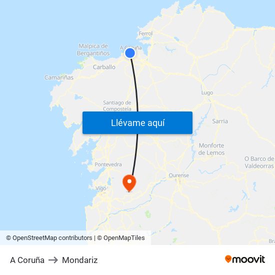 A Coruña to Mondariz map