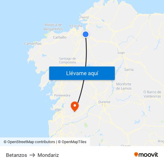 Betanzos to Mondariz map