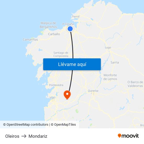 Oleiros to Mondariz map