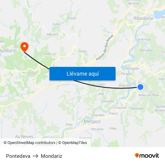 Pontedeva to Mondariz map