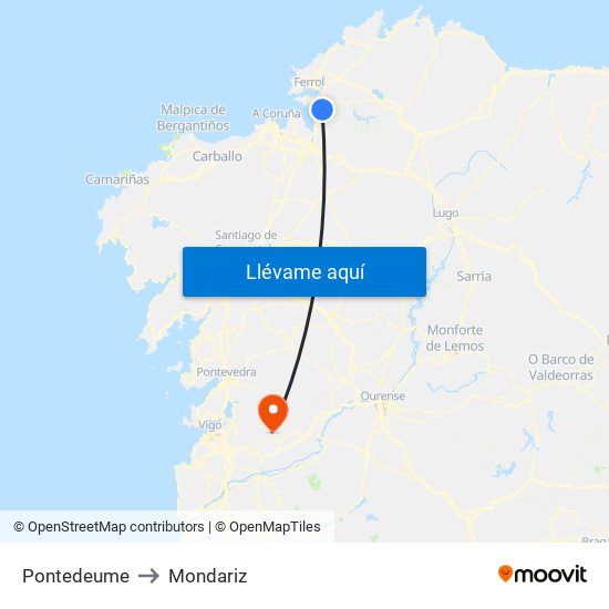 Pontedeume to Mondariz map