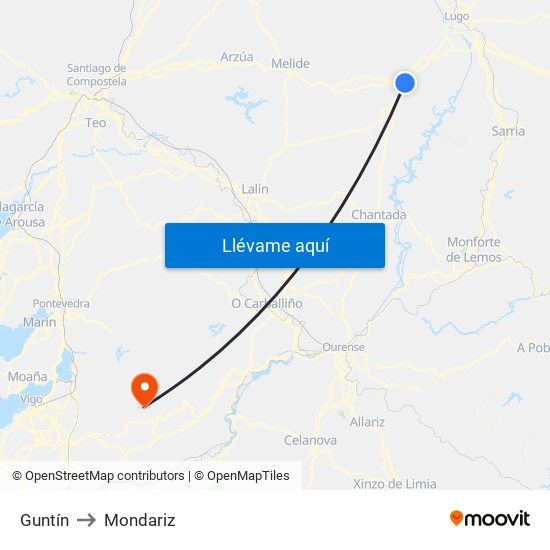 Guntín to Mondariz map